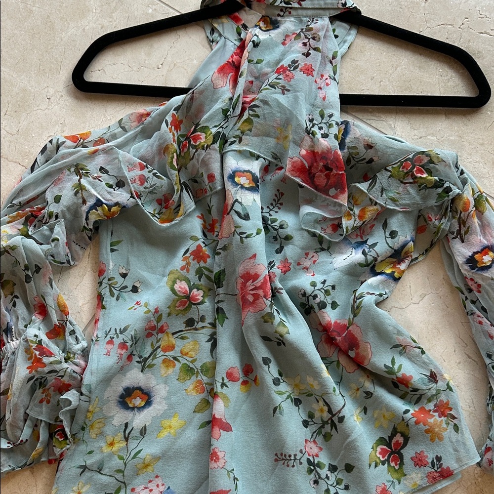 alice + olivia Floral Chiffon Button-Up Blouse in Light Blue - Picture 3 of 4